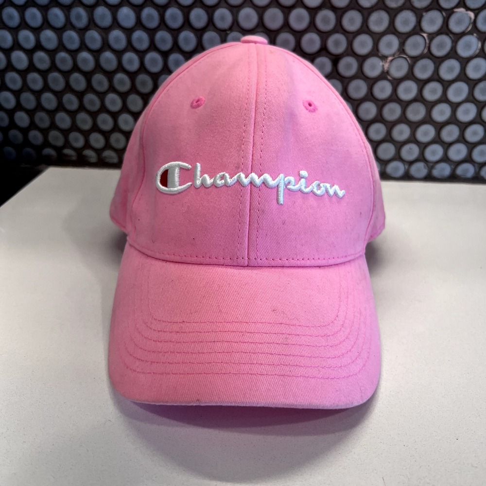 Champion Dad Hat Cap Pink Leather Strap Back Adjustable Logo Spellout